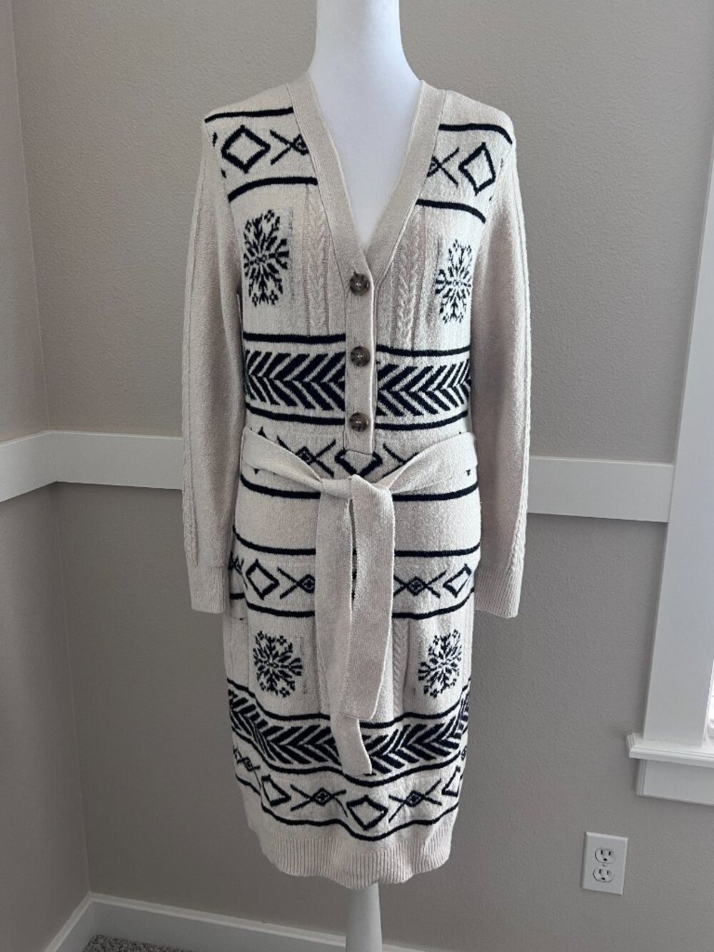 Lucky Brand Snowflake Geometric Cardigan Sweater Dress Cream Black - Size Medium